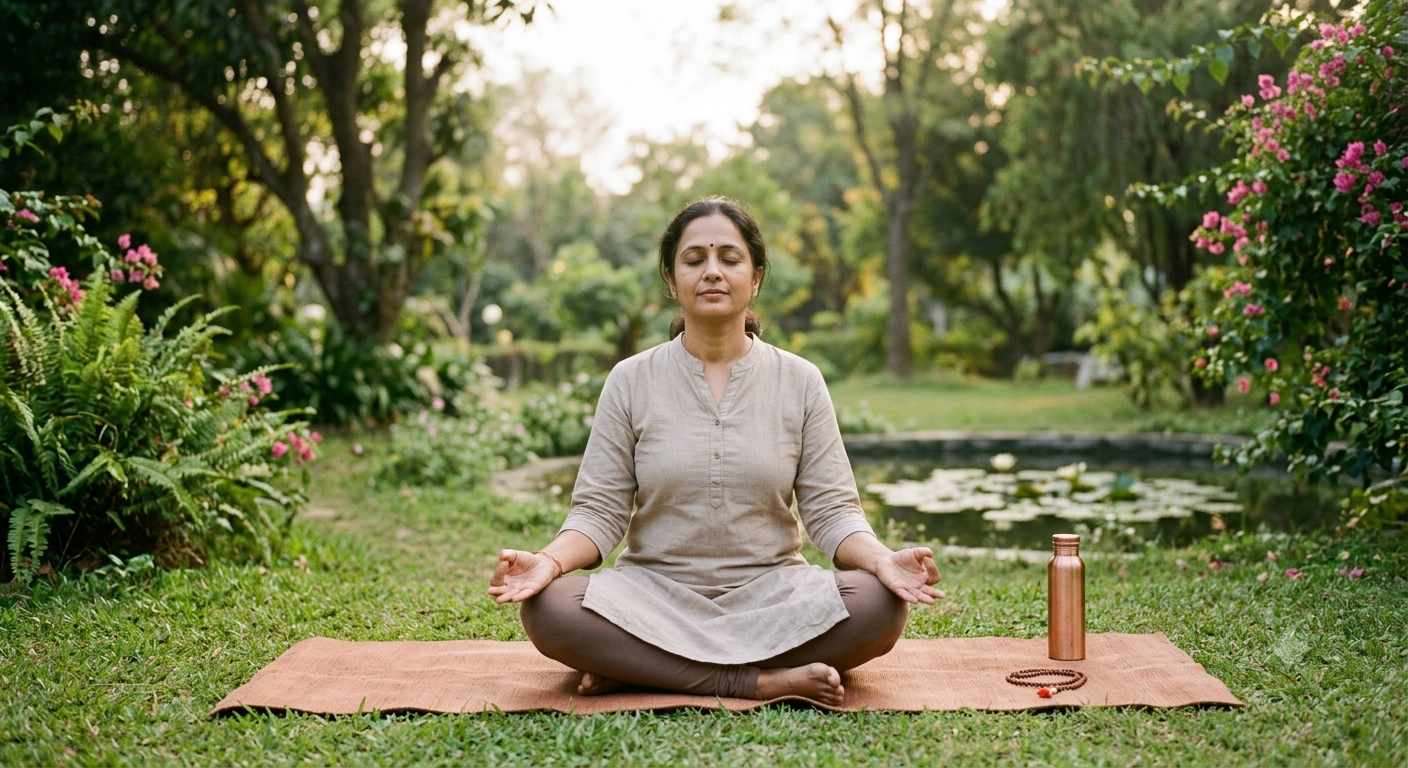 A women breathing exercise in the park.
