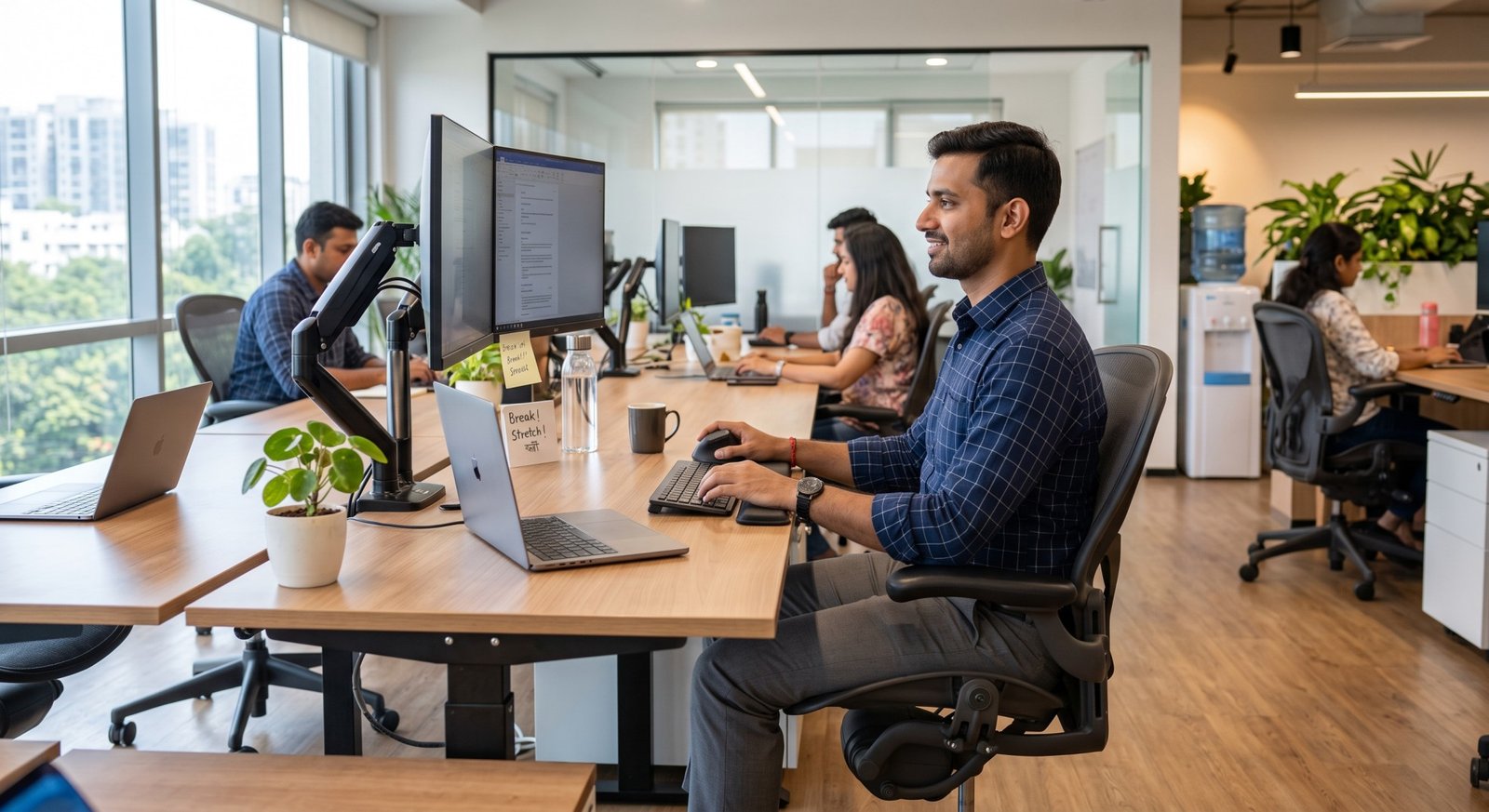 An Indian man maintaining healthy sitting posture at an ergonomic office workstation.