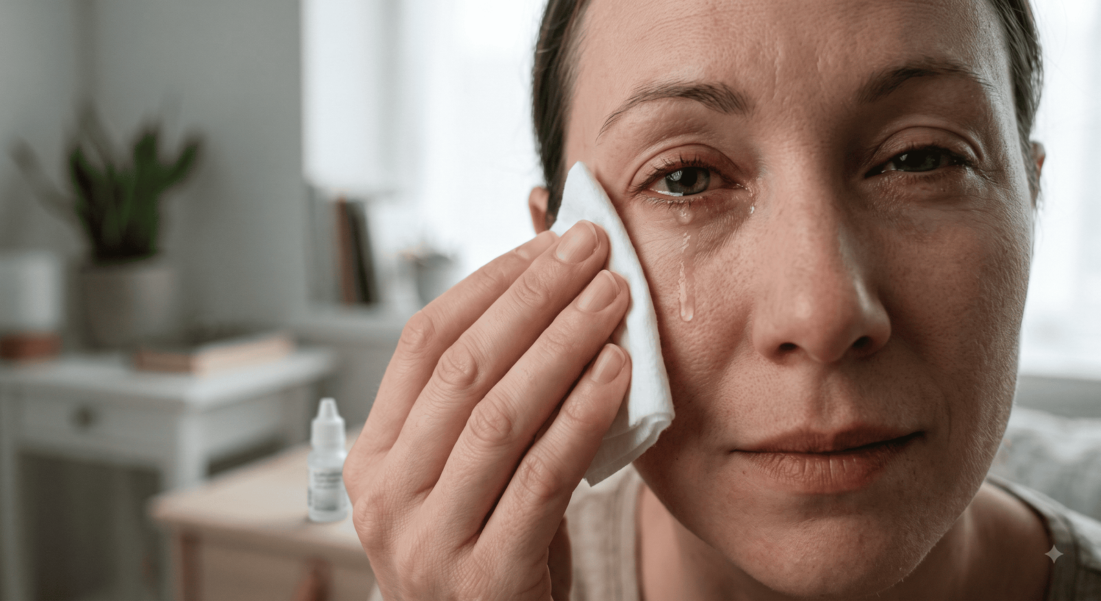 A person wiping watery eyes gently with a clean tissue